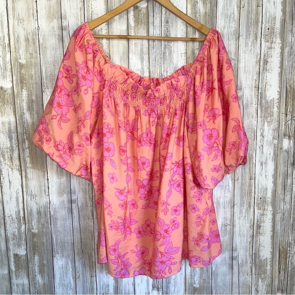 Oddy Floral Off Shoulder Puff Sleeve Blouse Pink Peach Plus Size 1X - Picture 3 of 8